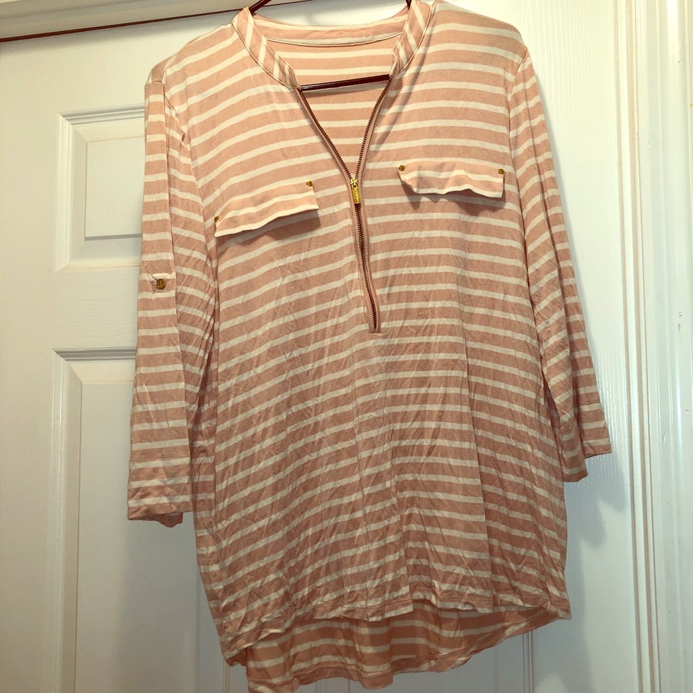 Pale pink and white striped 3/4 sleeve blouse.